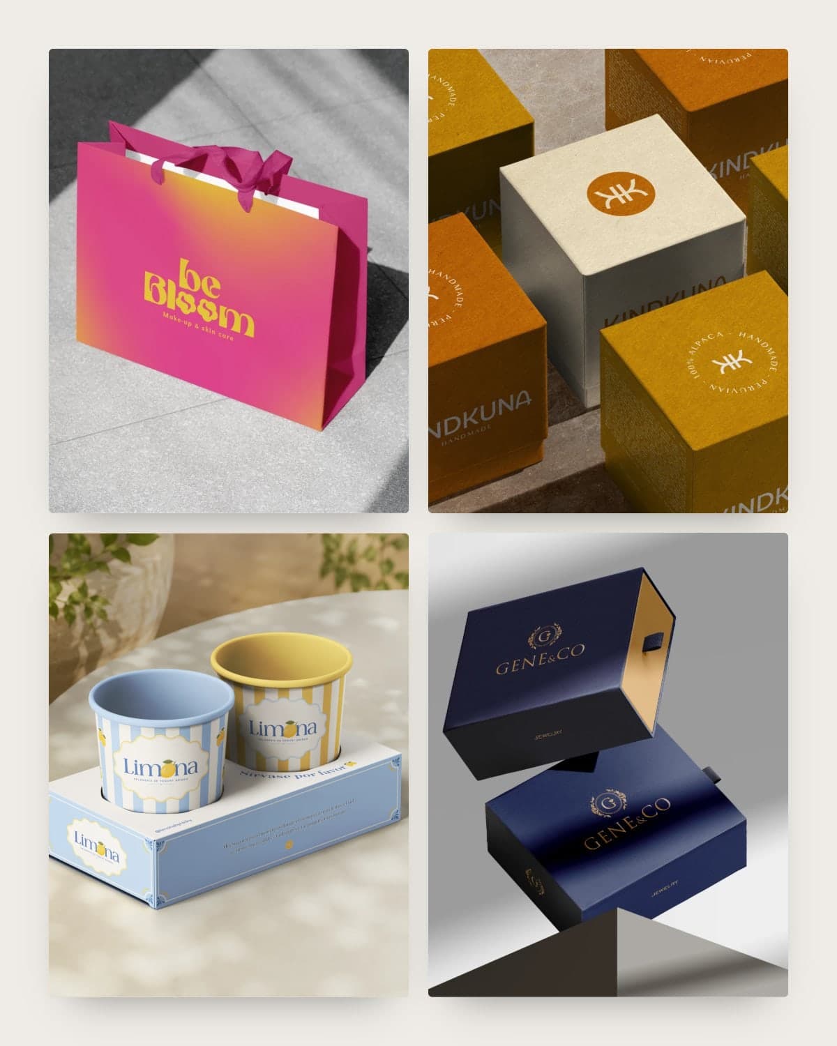 Four packaging mockups: a bag, boxes, cups and jewellery boxes