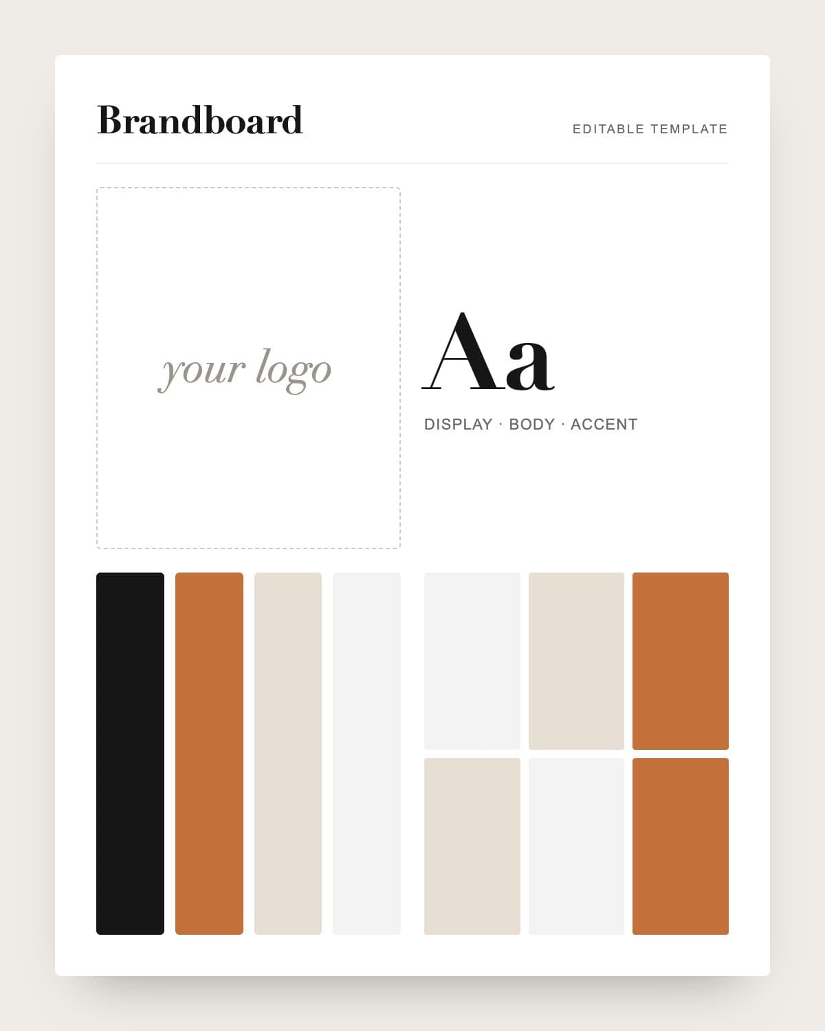 Redigerbar brandboard-mall med logotyp, typografi och färger